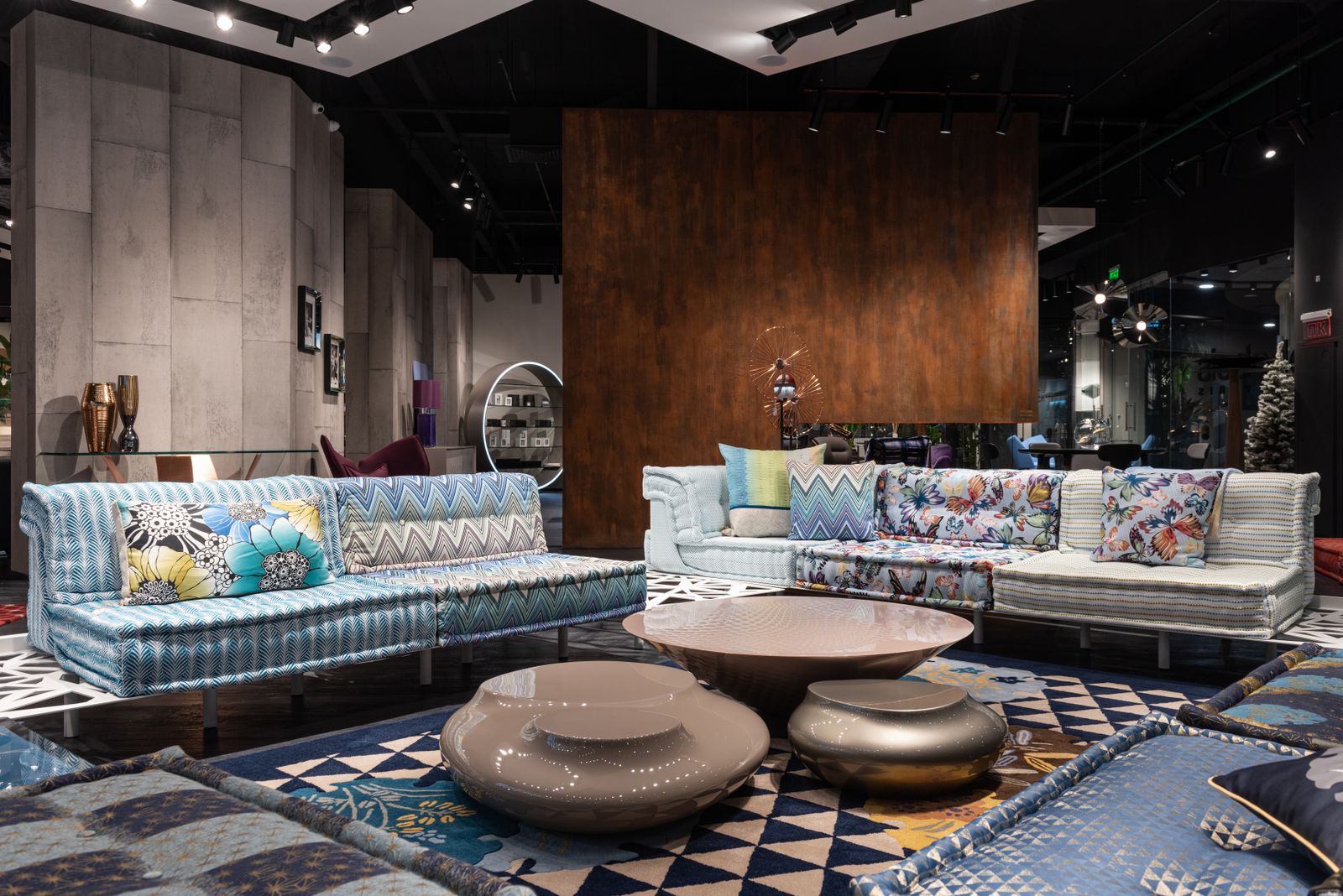 Modern furniture showroom with sofas and coffee tables